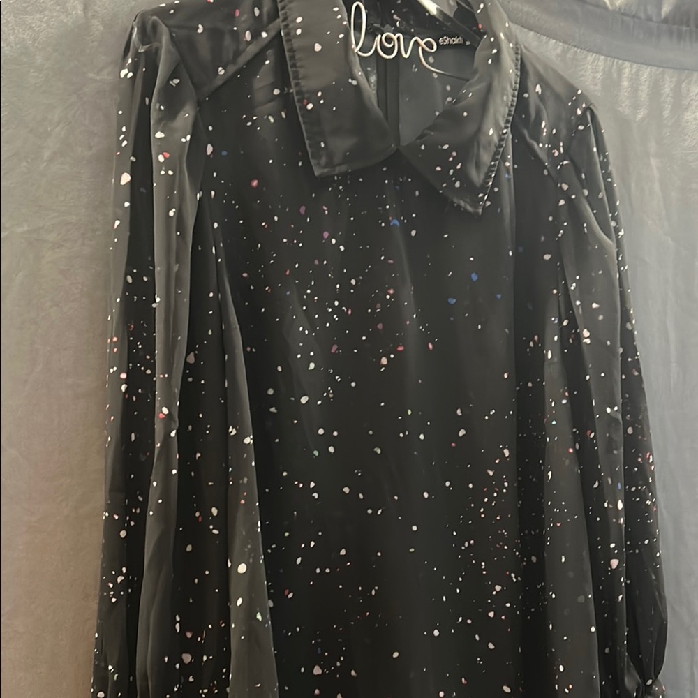 Eshakti Black Sheer Blouse with Multicolor Speckles Long Sleeve EUC sz 20W